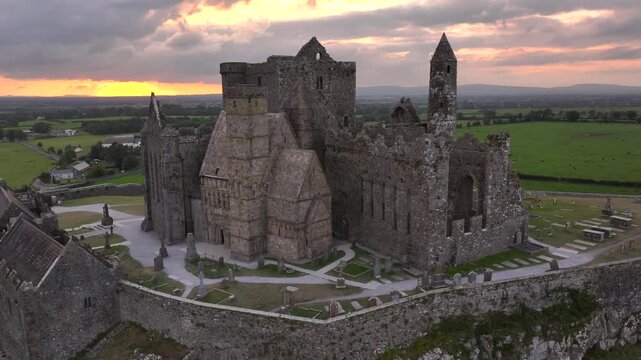 Rock of Cashel, Aerial view at SUnset. Also known as Cashel of the Kings. Located at Cashel, County Tipperary, Ireland.