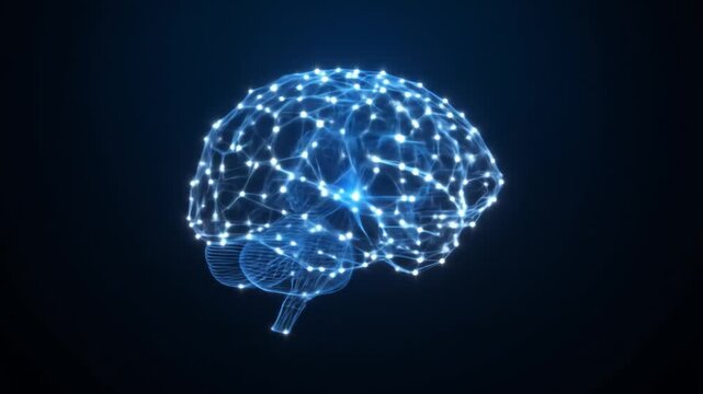 Low poly brain or artificial intelligence concept. Wisdom point symbol. Blue low poly wireframe illustration on dark background. 4k videos