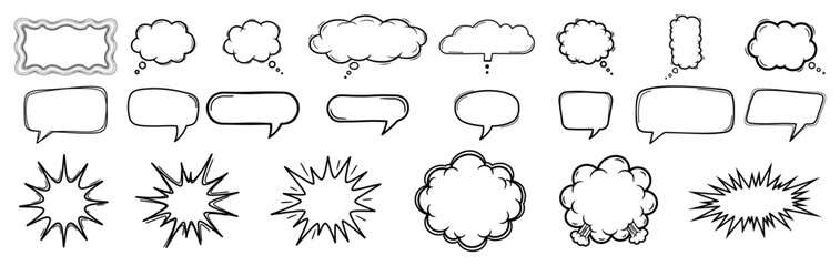 Hand Drawn Comic Speech Bubbles and Explosion Shapes Doodle Vector Set
