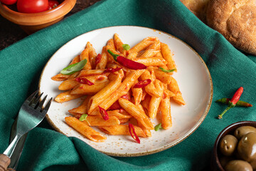 Delicious Italian penne all'Arrabbiata served on the table