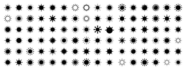 Big set of sun vector icons. Collection of various sunshine symbols. Flat graphic elements for logo design.