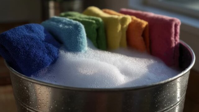 Vibrant cloths soaking in a metal bucket of foamy water droplets clinging to the side