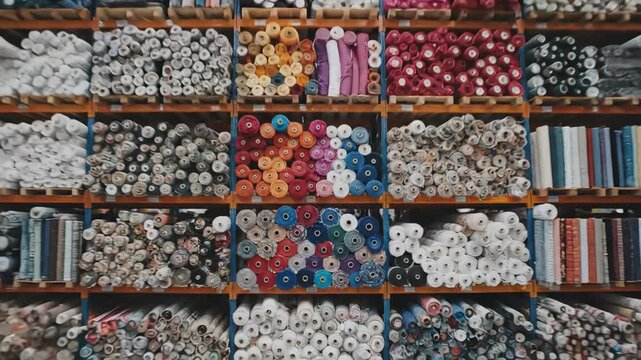 colorful textiles neatly organized in aisles, brightly colored fabric bolts stored systematically in warehouse, organized warehouse space displaying array of vividly colored fabric bolts