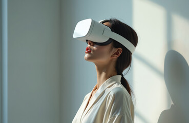 Asian woman looks up in VR headset. She wears white clothes in bright studio. Model tests virtual reality gear, explores metaverse, enjoys modern tech, and future trends.