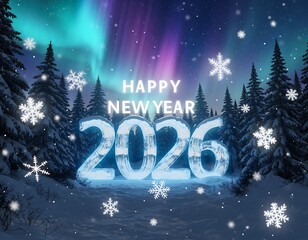 Snowy forest landscape with “Happy New Year 2026” written in glowing ice letters, falling snowflakes, northern lights in the sky, calm magical. Generative With Ai
