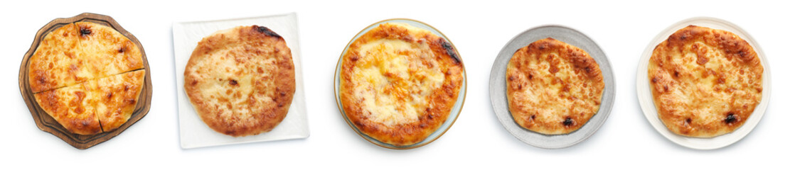 Delicious Megrelian khachapuri isolated on white, set. Top view