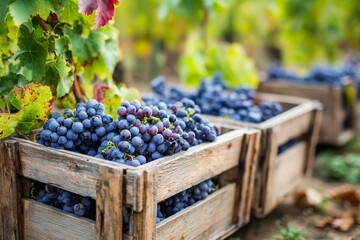 Harvested ripe purple grapes in rustic wooden crates at a vineyard estate.