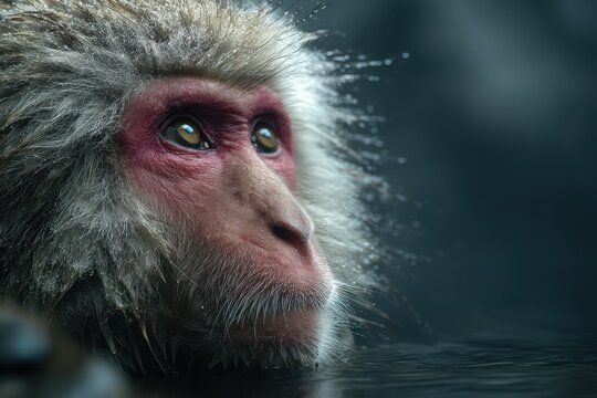 Close up portrait of japanese snow monkey with wet fur and thoughtful eyes