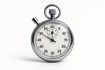Classic chrome stopwatch front view isolated on white with crisp sharp shadows