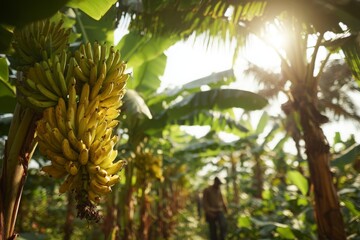 Lush tropical plantation with ripe yellow bananas bathed in bright sunlight.