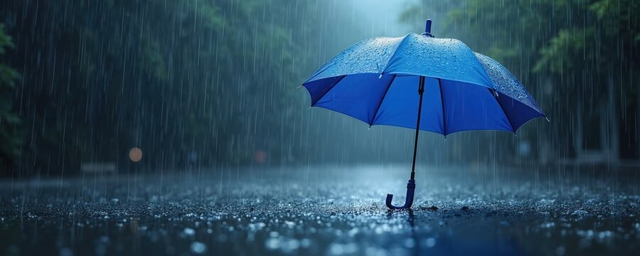 Bright blue umbrella stands open on wet asphalt road in heavy pouring rain. Many raindrops fall hard, splashing on ground, covering canopy. Dark green trees blur in background. Outdoor scene evokes