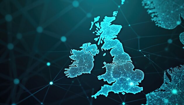 Digital illustration features glowing network map of British Isles. Futuristic design visualizes digital connections across United Kingdom, Ireland. Modern tech concept shows geography data