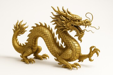 Obraz premium Ornate golden dragon sculpture twisting midair detailed scales whiskers and claws on white