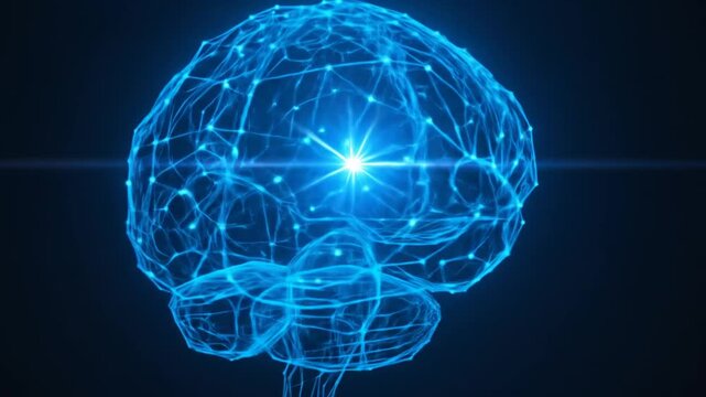 Low poly brain or artificial intelligence concept. Wisdom point symbol. Blue low poly wireframe illustration on dark background. 4k videos