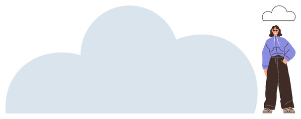 Woman in modern outfit beside oversized cloud shape and a small minimalist cloud above. Ideal for creativity, individuality, self-expression, innovation, design inspiration, cloud-based concepts