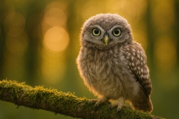 Obraz premium Curious little owl fledgling on mossy branch with golden evening bokeh