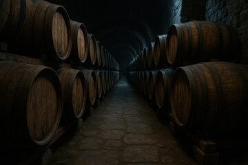 Aged oak wine barrels aligned in rows in dim cellar with moody atmosphere