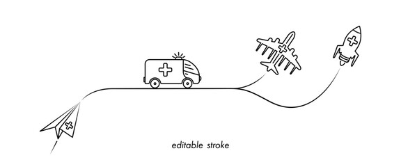 Editable stroke medical care illustration with ambulance car, paper plane, airplane, rocket, medical cross. Abstract health care design to use for medical emergency, medical business projects.