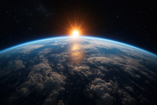 Dramatic sunrise over Earth limb with glowing atmosphere above cloud deck from space - Powered by Adobe