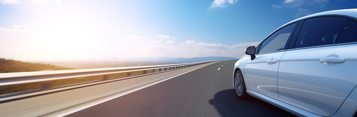 White Modern Sedan Driving on a Wide, Open Highway Under a Bright Blue Sky with Clear Horizon and Lens Flare. Ideal for road trip advertising, car rental services, transportation freedom