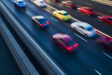 Fototapeta premium High-Angle View of Fast-Moving, Colored Cars with Motion Blur Effect on a Multi-Lane Urban Highway or Freeway. Excellent for traffic, city rush, transportation logistics, speed, or future mobility