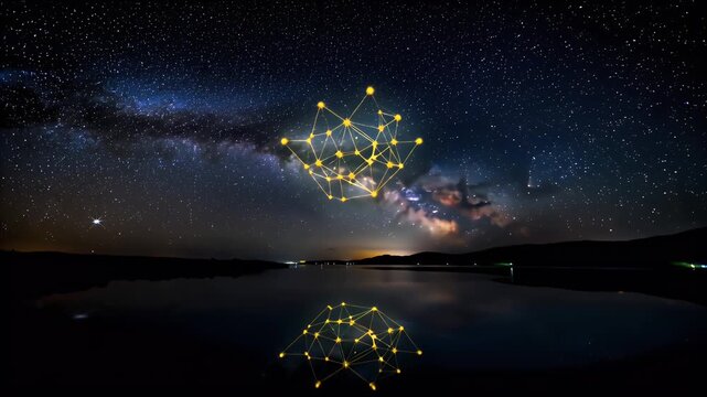 A Vast Night Sky Scene Over a Quiet Lake with Milky Way and Constellation Overlay