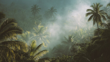 Dense Tropical Rainforest Canopy with Palm Trees and Mystical Sunbeams Cutting Through Morning Mist. Ideal for travel, adventure documentaries, eco-tourism