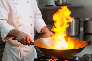 Professional Chef Flambéing Food in a Wok with a Large Golden Flame in a Commercial Kitchen. High-end culinary expertise concept for restaurant advertising, food blogs, or cooking school promotion.
