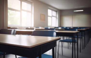 Empty Classroom Interior with Desks and Chairs and Bright Natural Light from Large Windows. Education and learning concept for school advertising
