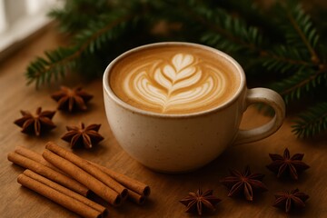 Festive Christmas coffee cup with latte art cinnamon and star anise on cozy winter table