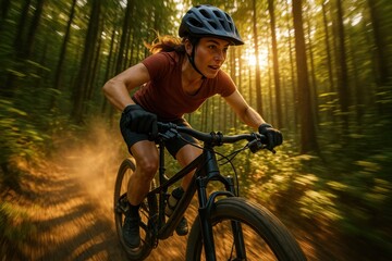 Female mountain biker descending forest trail with motion blur and warm summer sunlight