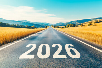 The Year 2026 Written on an Empty Open Road Through Golden Wheat Fields. New Year concept for business strategy presentations, future planning, or financial market forecasts.