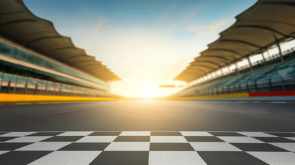 Empty International Asphalt Race Track with the Checkered Finish Line and Blurred Stadium Grandstands Converging on Bright Sunlight. Competition success, business goal achievement, starting line