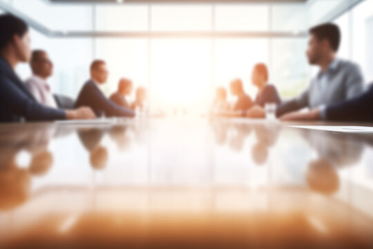 Blurred Background of Business People Meeting in a Modern Conference Room with Bright Window Light. Corporate strategy concept for presentation backgrounds, annual reports, or text overlay designs.