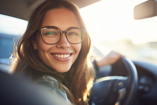 Young Woman in Glasses Happily Driving Her Car with a Bright Lens Flare in the Background. Confident female driver, new car ownership, car insurance, or travel and road trip lifestyle