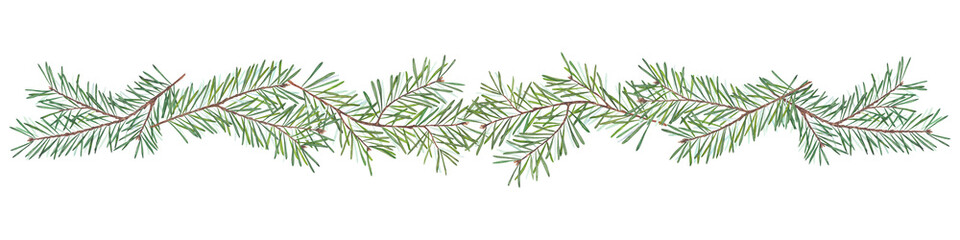 Watercolor horizontal garland of fir branches on white background. Natural evergreen border perfect for Christmas invitations, cards, winter decorations, and packaging. © Tishina