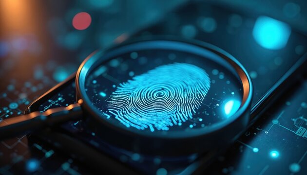 Digital fingerprint examined under magnifying glass on smartphone screen. Cyber security concept. Digital forensics data analysis and identity verification. Tech investigation. - Powered by Adobe