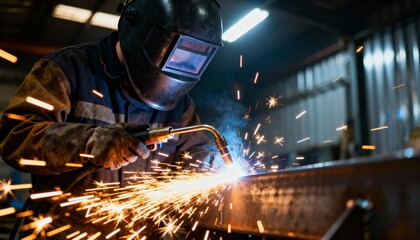 Professional worker welding a metal beam in an industrial workshop, creating bright sparks and intense light.