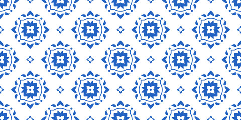Blue geometric seamless pattern, Mediterranean Ceramic. Sicilian, Portuguese, Spanish tile traditional design, porcelain pottery. Vector isolated on white background