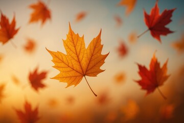 Golden autumn leaves swirling in breeze with soft sky backdrop seasonal falling foliage
