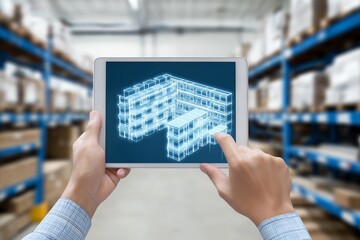 Hands Holding a Tablet PC Showing a Glowing Digital Blueprint Overlay of a Building Structure in a Blurred Warehouse Background. Concept for inventory management, supply chain technology, logistics.