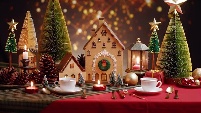 A Cozy Christmas Tablescape with a Gingerbread House, Mini Trees, and Delicate Porcelain Cups for Holiday Cheer