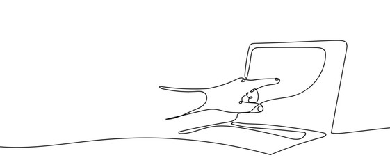 Fototapeta premium Hand pointing at laptop screen, one continuous line. outline isolated vector illustration Editable stroke.
