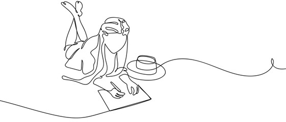 Fototapeta premium A woman is lying down reading a book happily. One continuous line. outline isolated vector illustration Editable stroke.