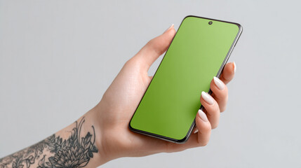 Hand with visible tattoo holding smartphone with blank green screen mockup