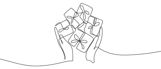 Hands holding several gift boxes, one continuous line. outline isolated vector illustration Editable stroke.