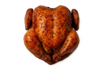 Golden roasted whole chicken top view isolated on clean white for recipe design high detail