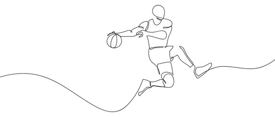 A basketball player is dunking one line in a row. outline isolated vector illustration Editable stroke.
