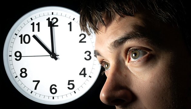 Sleepless night: Wide open eyes stare at 3 AM clock, symbolizing insomnia and anxiety