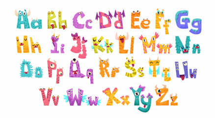 Little cute monster alphabet for baby design with funny cartoon letters for children. Kawaii font with numbers for invitation, greeting card, kindergarten banner. Vector hand drawn illustration